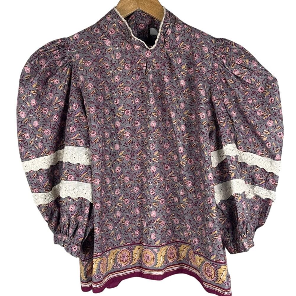 Hunter Bell Molly Blouse Puff Sleeve Printed Poplin Cotton Size Large - Picture 4 of 10